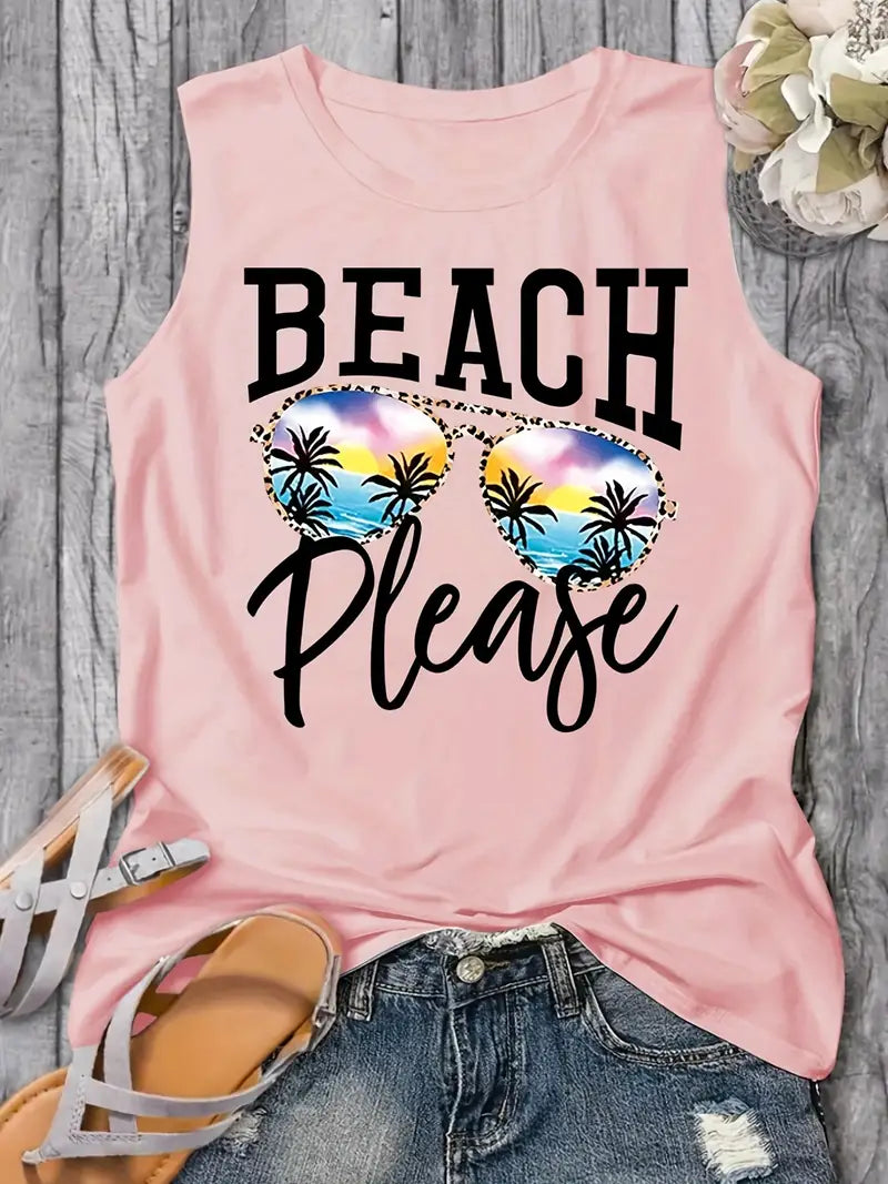 Sleeveless T-shirt with BEACH PLEASE print 