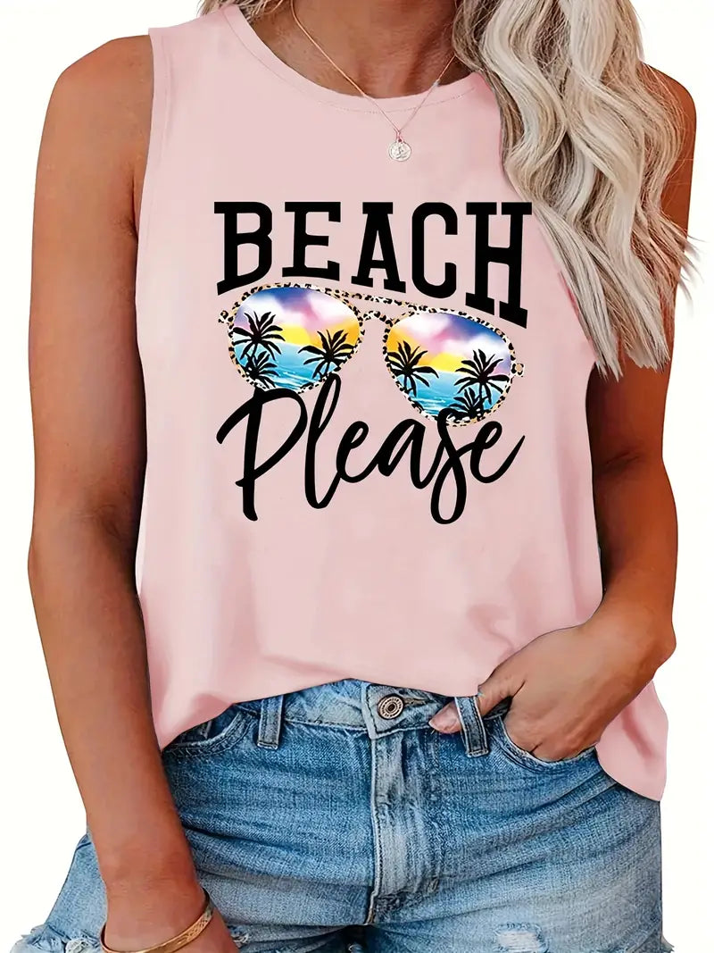 Sleeveless T-shirt with BEACH PLEASE print 