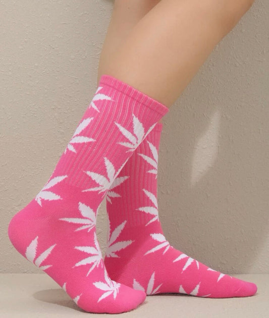 Pink socks with marijuana leaf print 